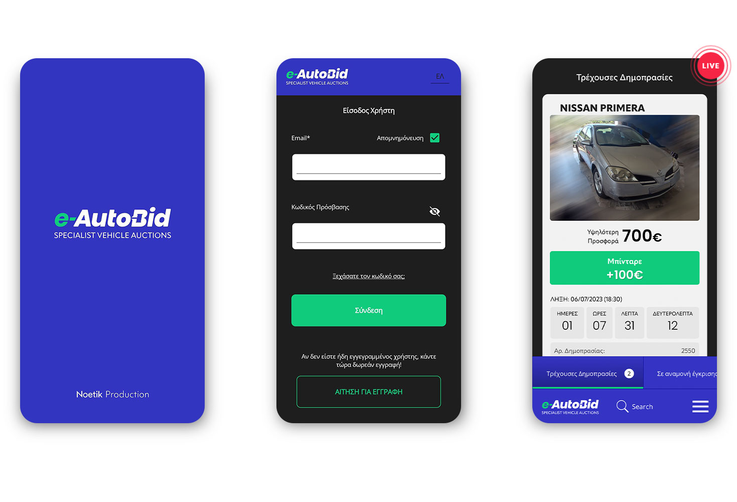 The intro screen, user login and live auctions pages MOBILE APPLICATION DESIGN AND DEVELOPMENT